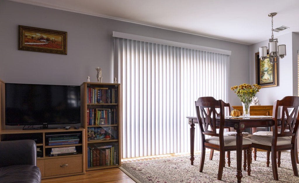 Living room with vertical blinds